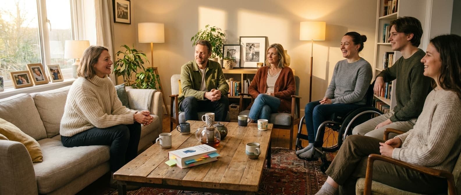 Six people, one using a wheelchair, talking together around a coffee table in a living room