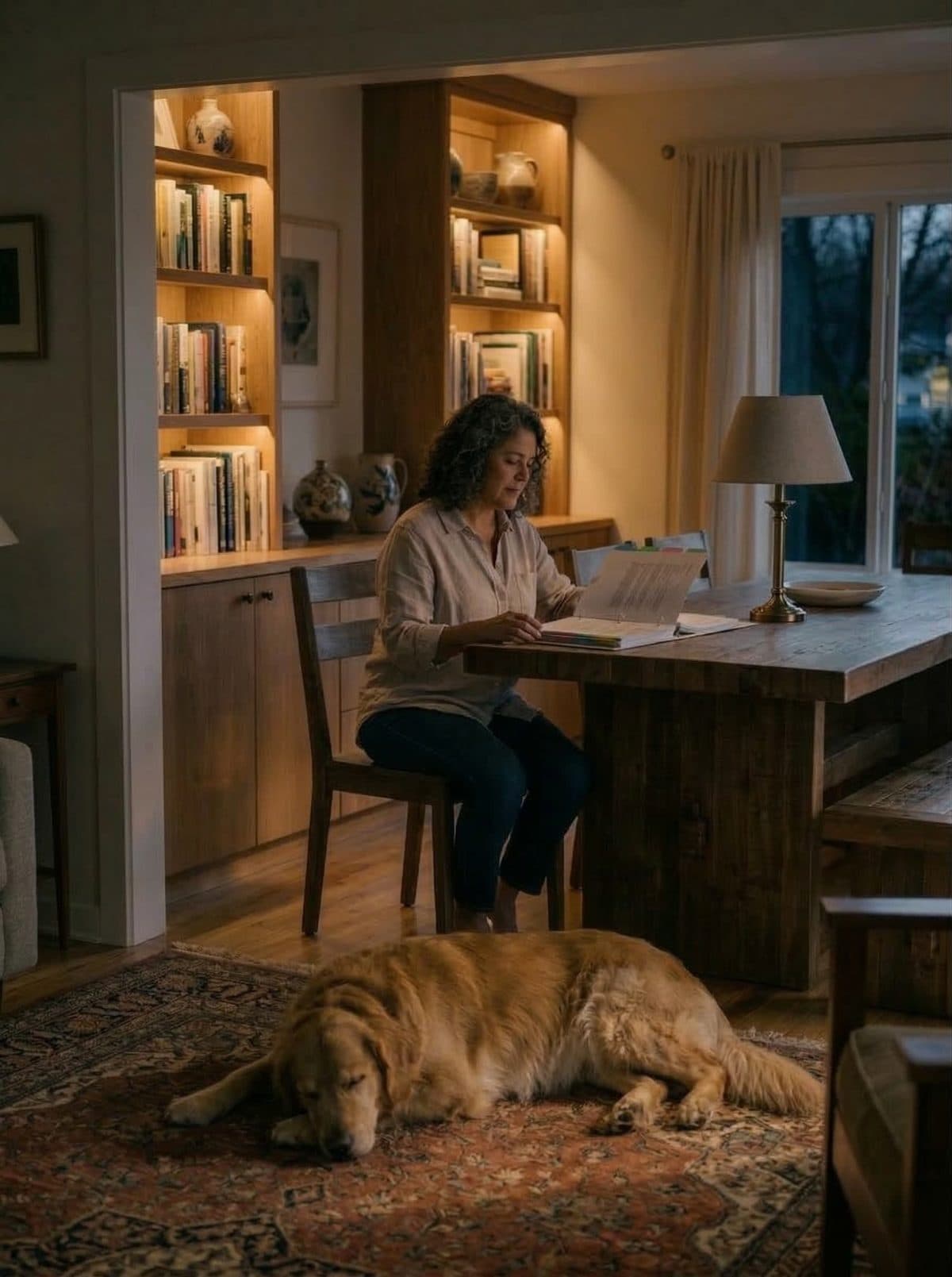 A woman working at a kitchen island at dusk, her dog asleep on the rug beside her