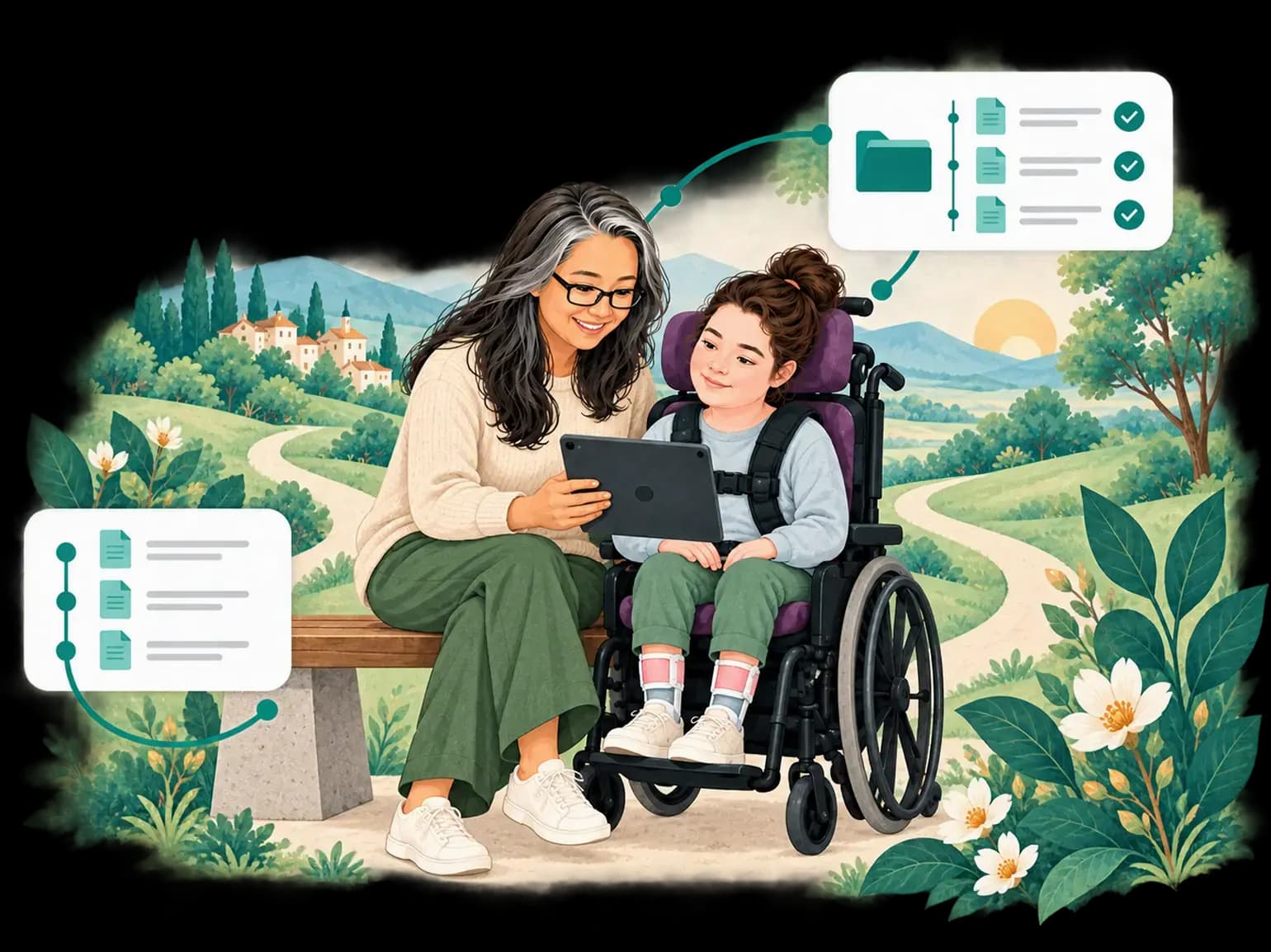 A mother and child reading together on a bench, surrounded by an illustrated landscape