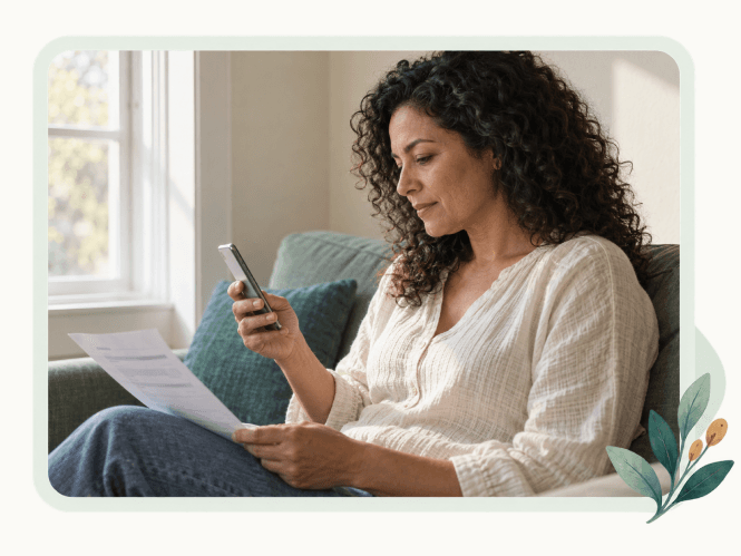 A woman reading a letter and checking her phone on a sofa