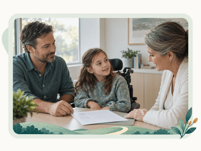 A father and grandmother talking with a child in a wheelchair at a clinic table