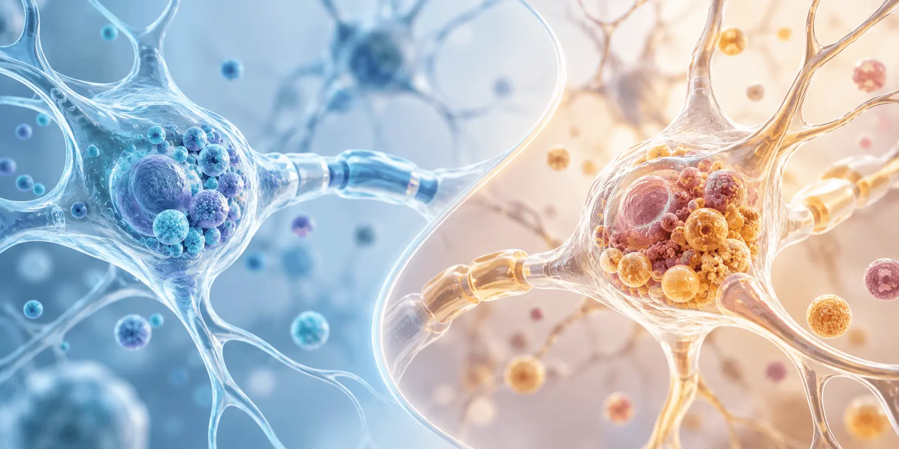 Two illustrated nerve cells side by side, one tinted blue and one amber